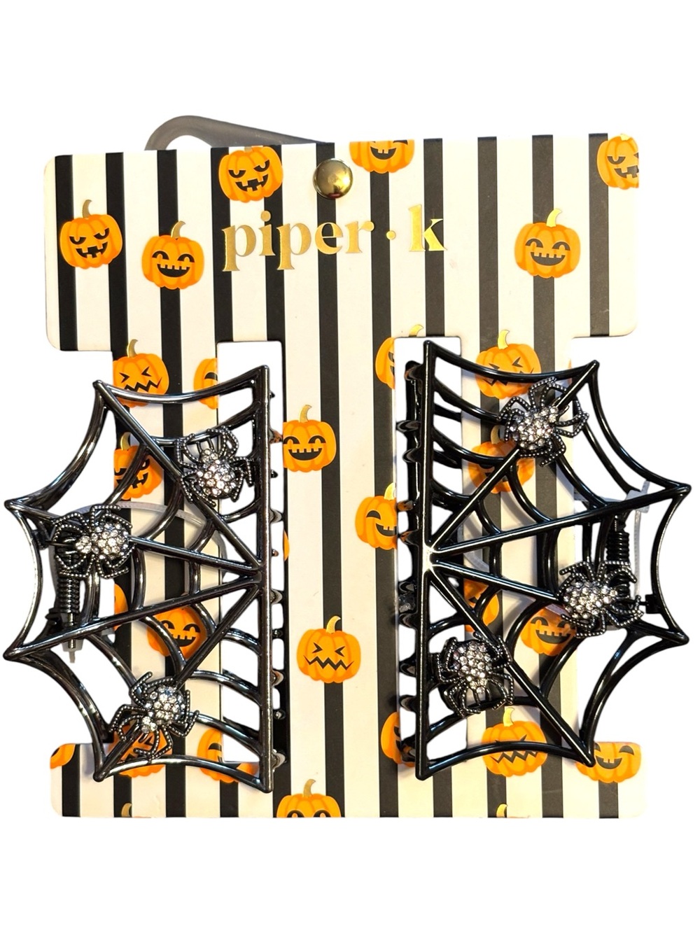 NWT•Piper K Black & Gunmetal Spiderweb Metal Hair Clips with Jeweled Spiders